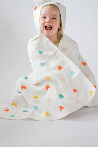 Muslin Cotton Girl’s Hooded Bathrobe – Colorful Hearts Cover-Up