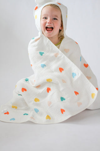 Muslin Cotton Girl’s Hooded Bathrobe – Colorful Hearts Cover-Up