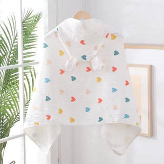 Muslin Cotton Girl’s Hooded Bathrobe – Colorful Hearts Cover-Up