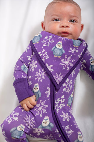 My First Penguin Snow Fall: Penguin Bamboo Bib In Purple & Gold
